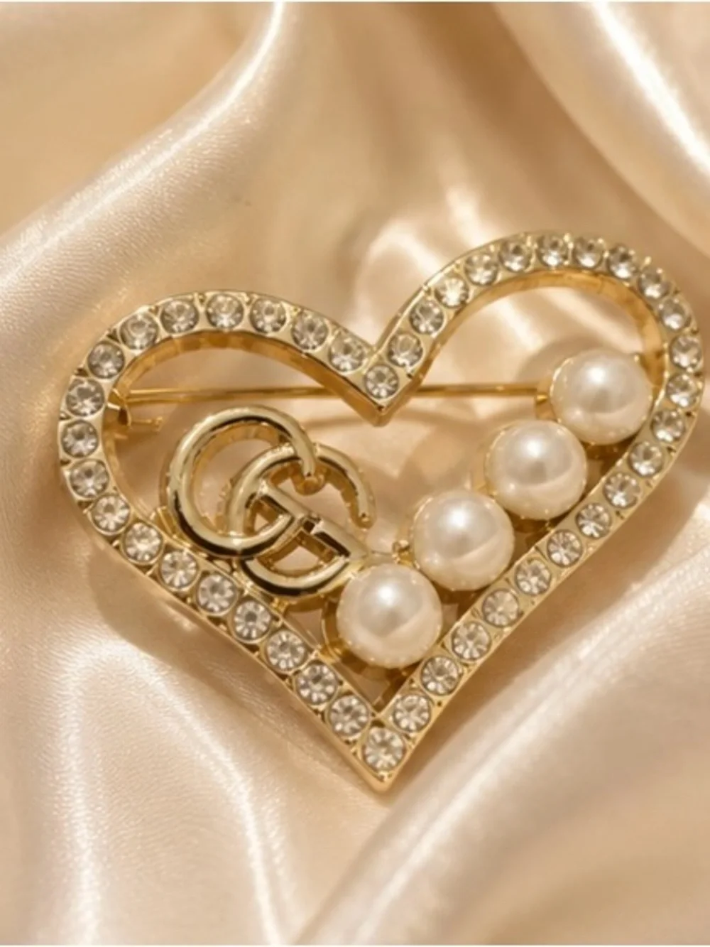 Gold Tone Heart Pearl Crystal Statement Brooch Pin